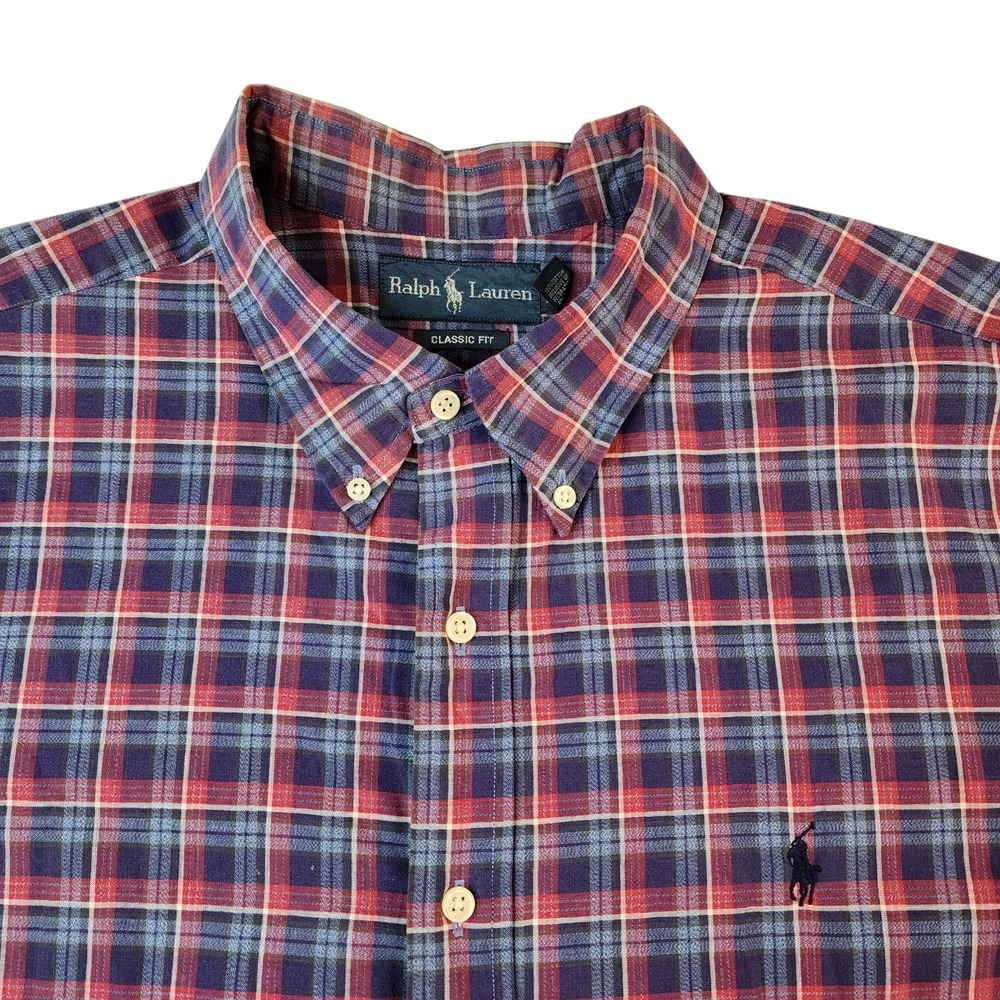 Ralph Lauren Mens XXL Blue Red Plaid Button Down Shirt Short Sleeve Classic‎ Fit